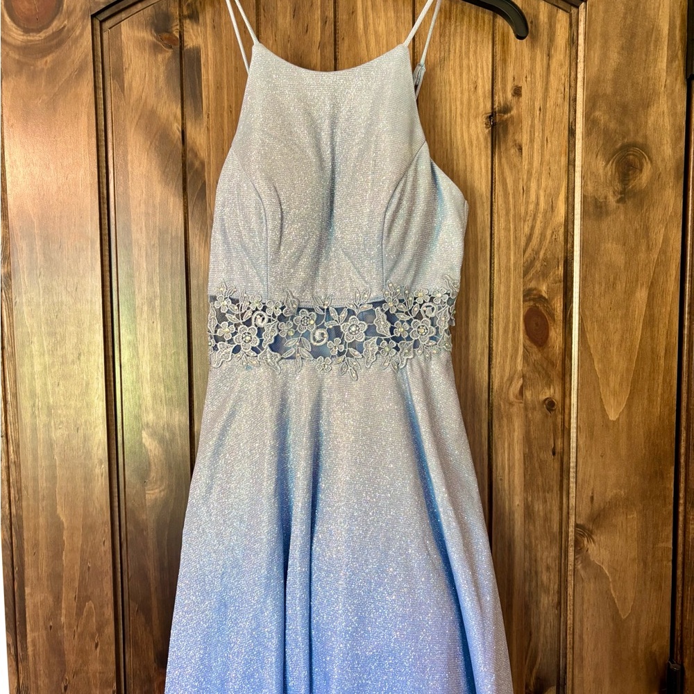 Sparkling Blue Dress with Floral Lace Detail